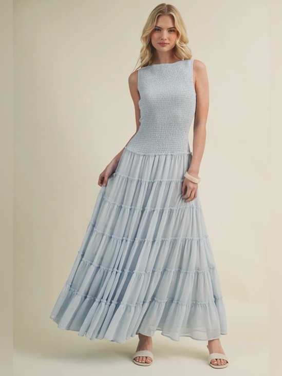 Mustard Seed Dresses & Skirts - NWT Mustard Seed | Smocked Boat Neckline | Boho Blue Flowy Romantic Maxi Dress
